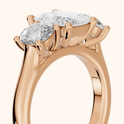 Callie Three-Stone Trellis Radiant Diamond Engagement Ring in Rose Gold - slant-view.webp