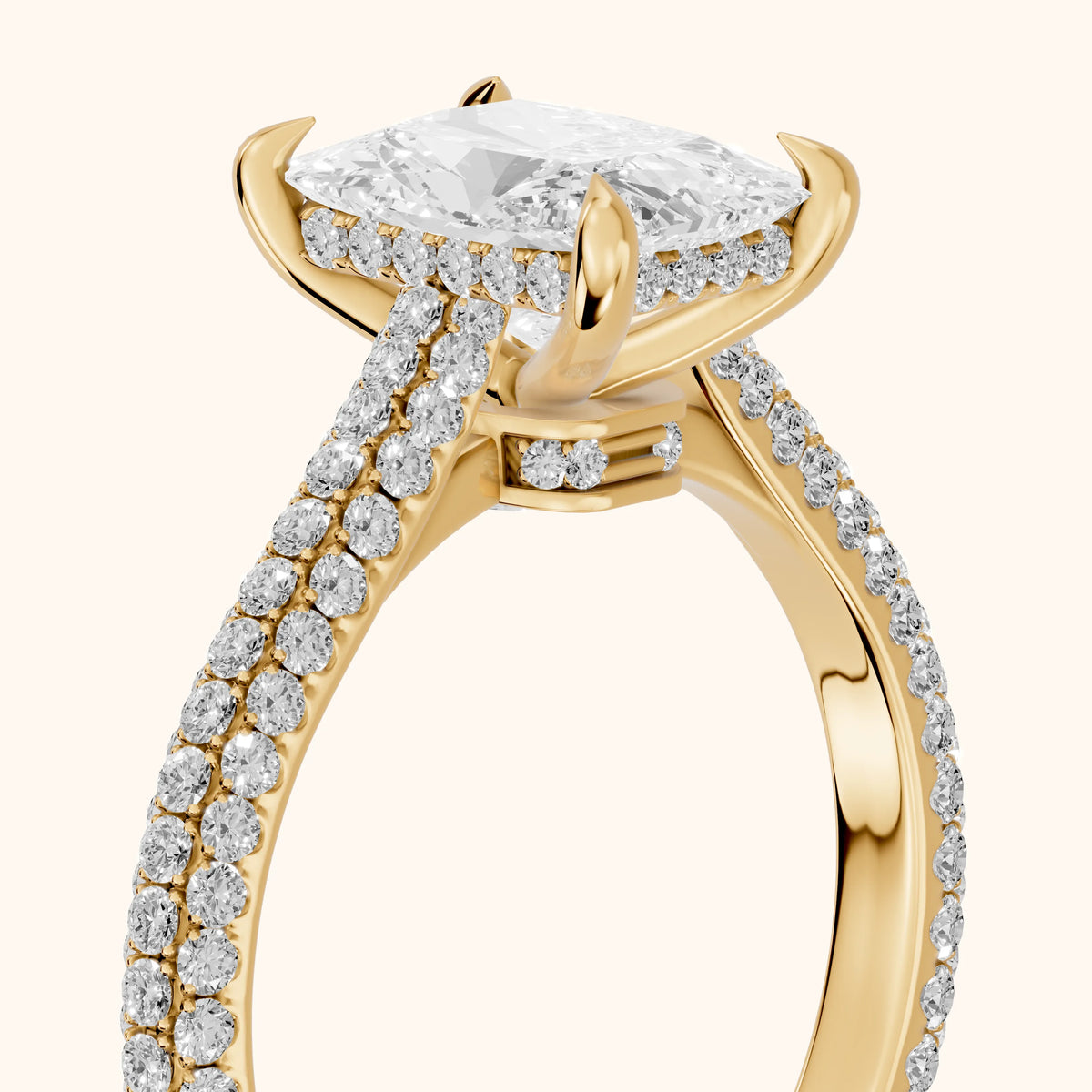 Elisa Hidden Halo Pavé Radiant Diamond Engagement Ring in Yellow Gold - slant-view.webp