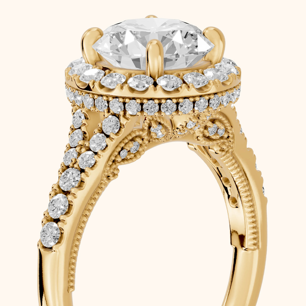 Kenner Halo Split Shank Round Diamond Engagement Ring in Yellow Gold - slant-view.webp