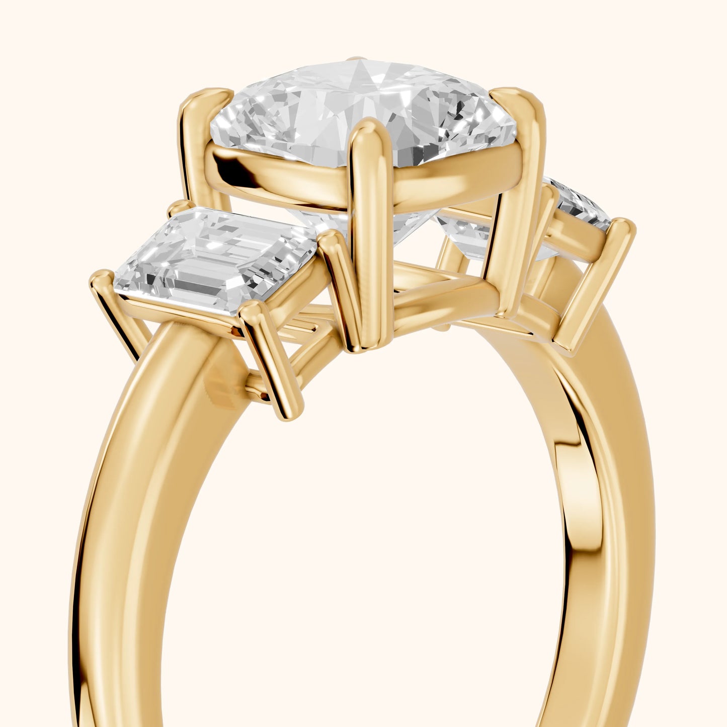 Zoe Three-Stone Cushion Diamond Ring in Yellow Gold - slant-view.webp