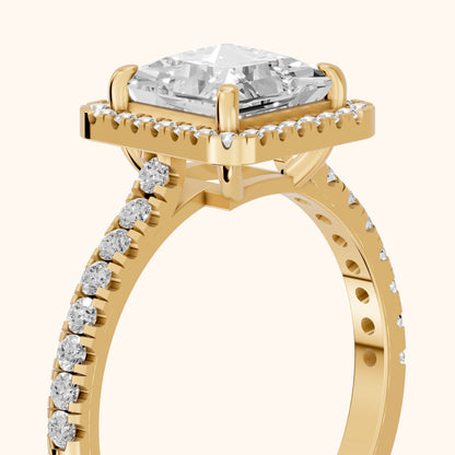 Mabel Halo French Pavé Princess Diamond Engagement Ring in Yellow Gold - slant-view.webp