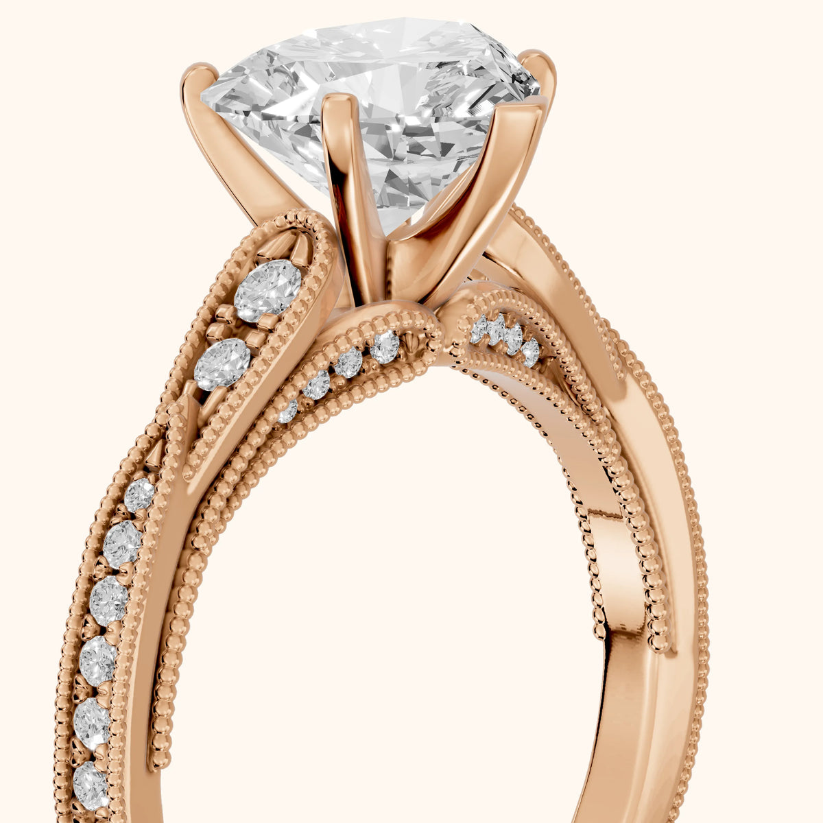 Lucette Scalloped Milgrain Heart Diamond Engagement Ring in Rose Gold - slant-view.webp