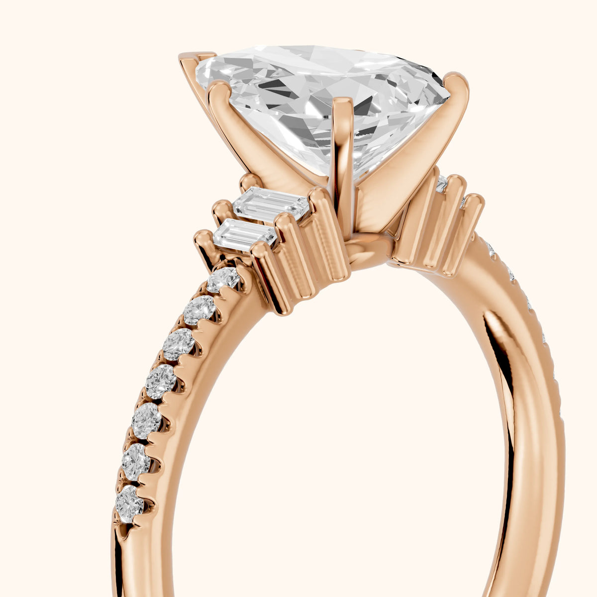 Rhona Baguette Pavé Pear Diamond Engagement Ring in Rose Gold - slant-view.webp