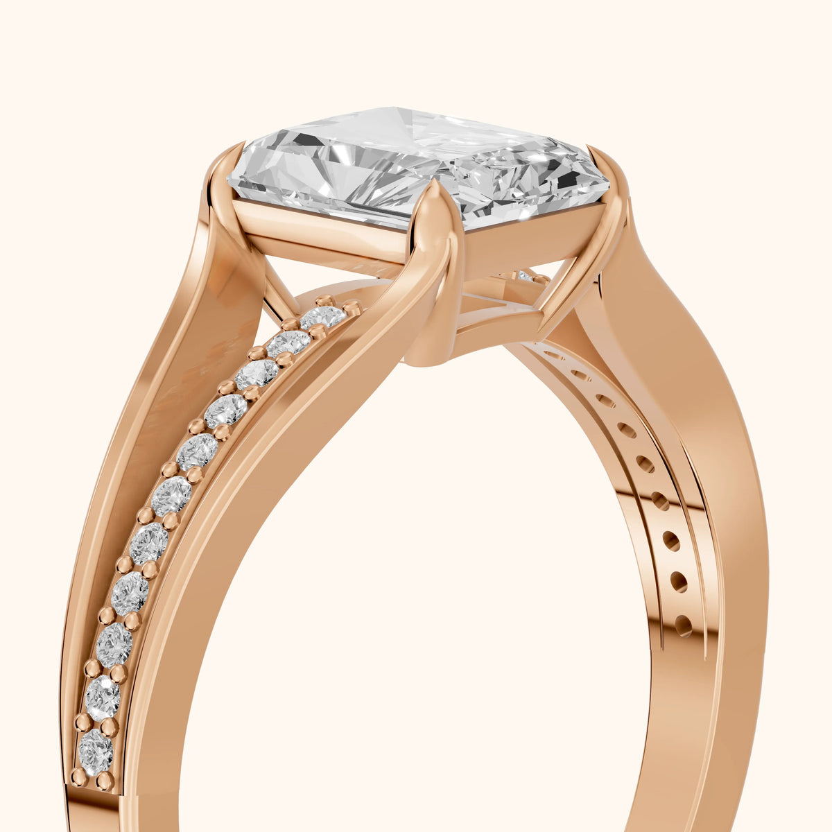 Lucinda Split Shank Radiant Diamond Engagement Ring in Rose Gold - slant-view.webp