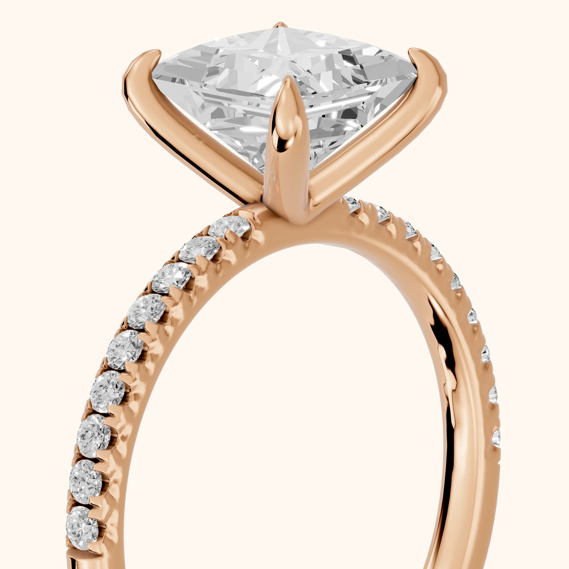 Ione Solitaire Pavé Princess Diamond Engagement Ring in Rose Gold - slant-view.webp