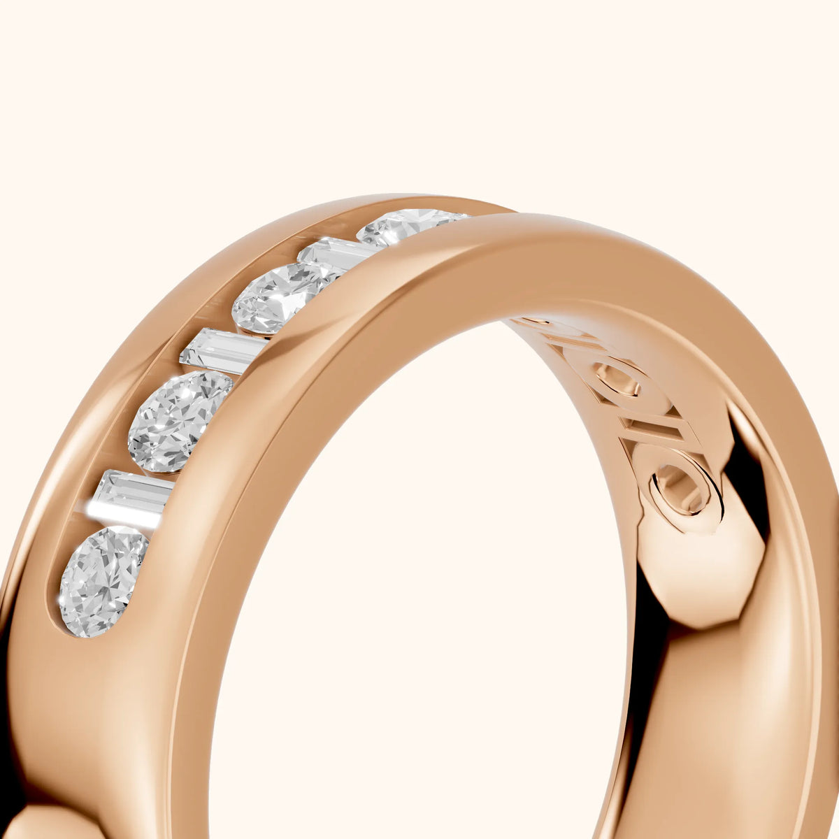 Lydia Channel Set Round & Baguette Diamond Half Eternity Band in Rose Gold - slant-view
