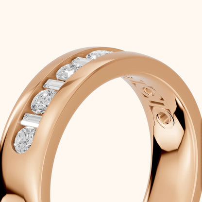Lydia Channel Set Round & Baguette Diamond Half Eternity Band in Rose Gold - slant-view
