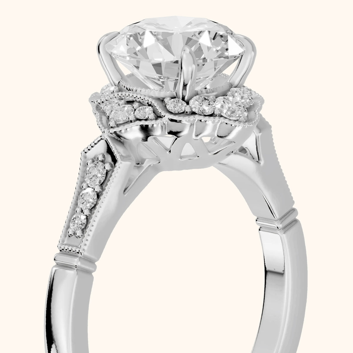 Esther Milgrain Halo Round Diamond Engagement Ring in White Gold - slant-view.webp