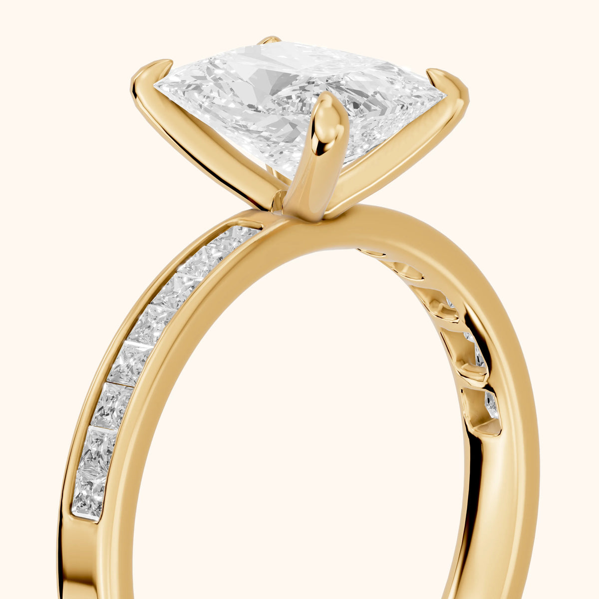 Maren Sidestone Channel Set Radiant Diamond Engagement Ring in Yellow Gold - slant-view.webp