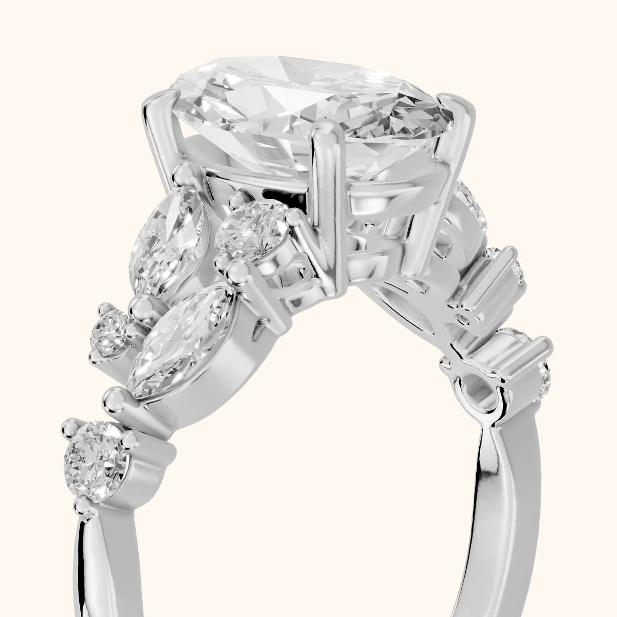 Kelsey Leaf Cluster Oval Diamond Engagement Ring in Silver - slant-view.webp