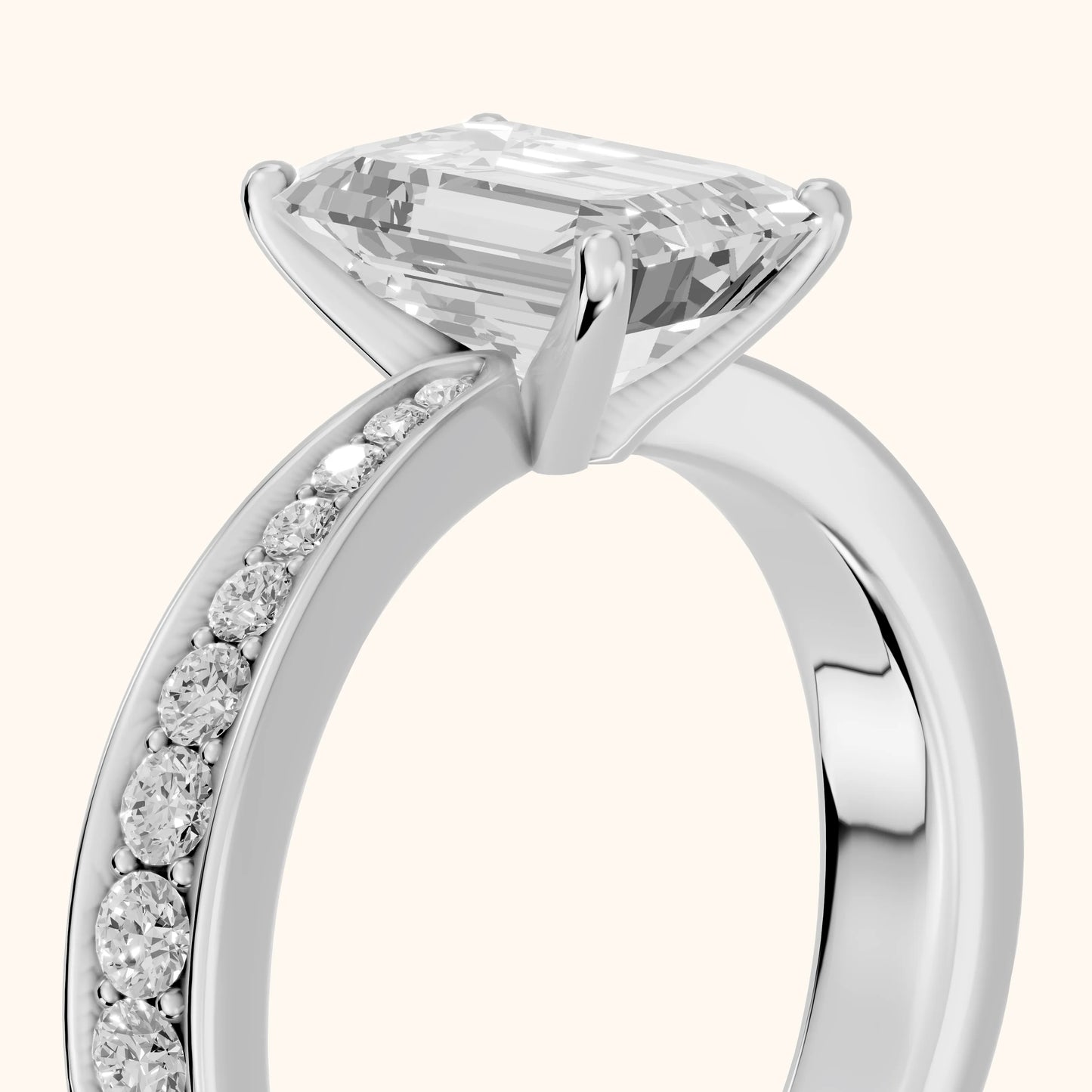 Rhea Sidestone Pavé Emerald Diamond Engagement Ring in Silver - slant-view.webp