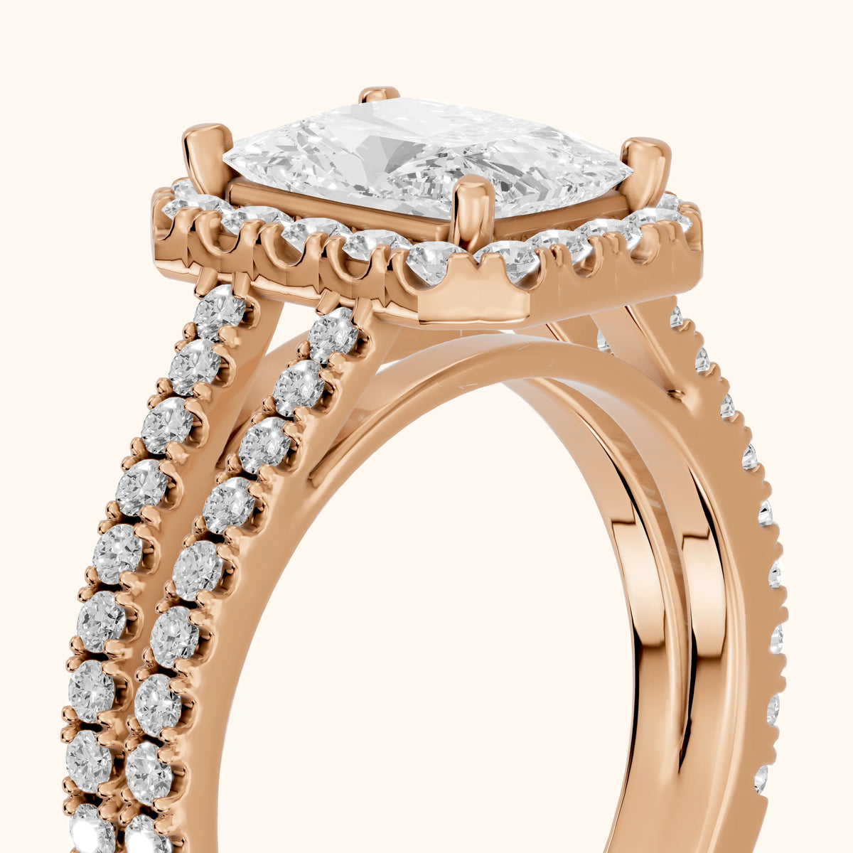Kira Halo Split Shank Radiant Diamond Engagement Ring in Rose Gold - slant-view.webp