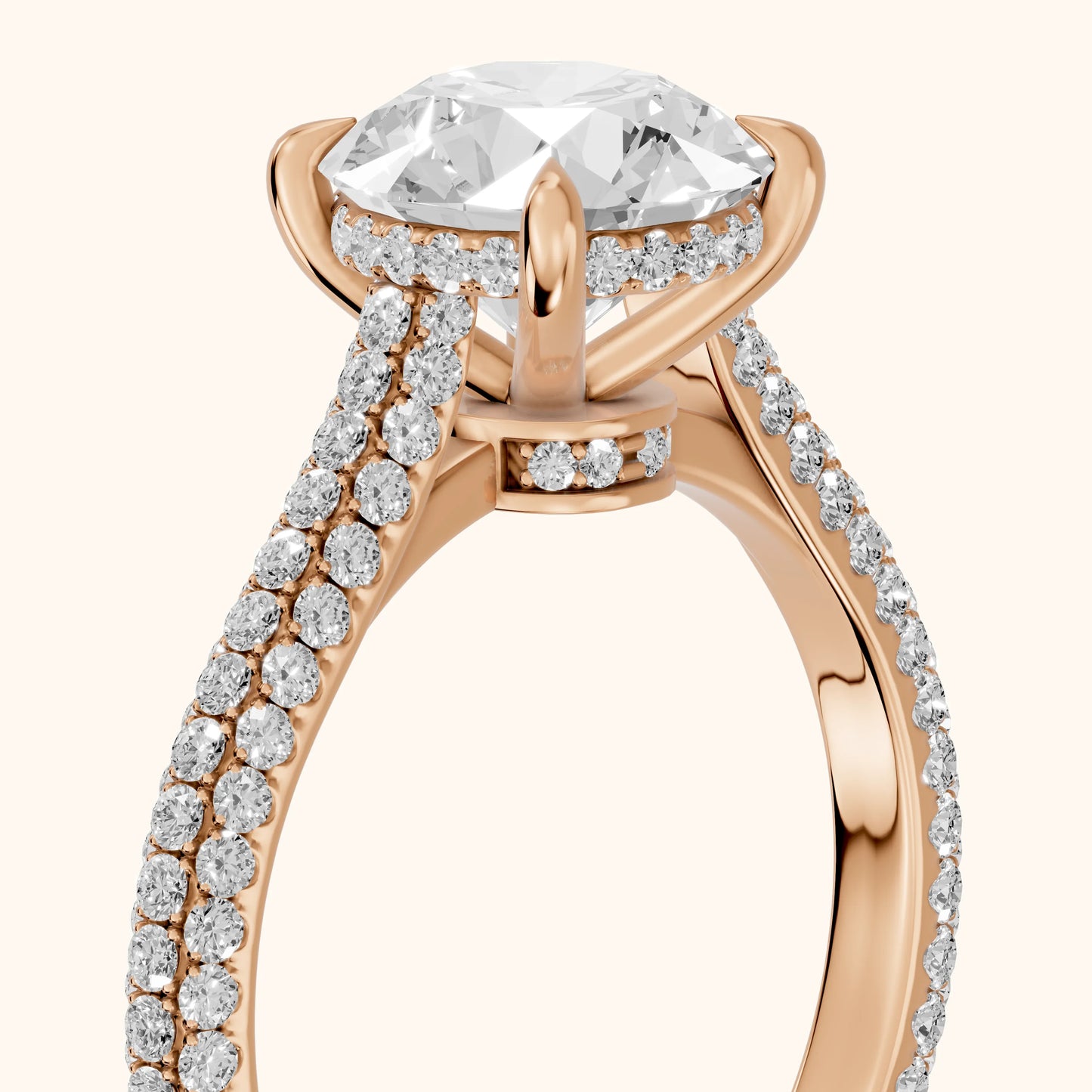 Della Hidden Halo Pavé Round Diamond Engagement Ring in Rose Gold - slant-view.webp