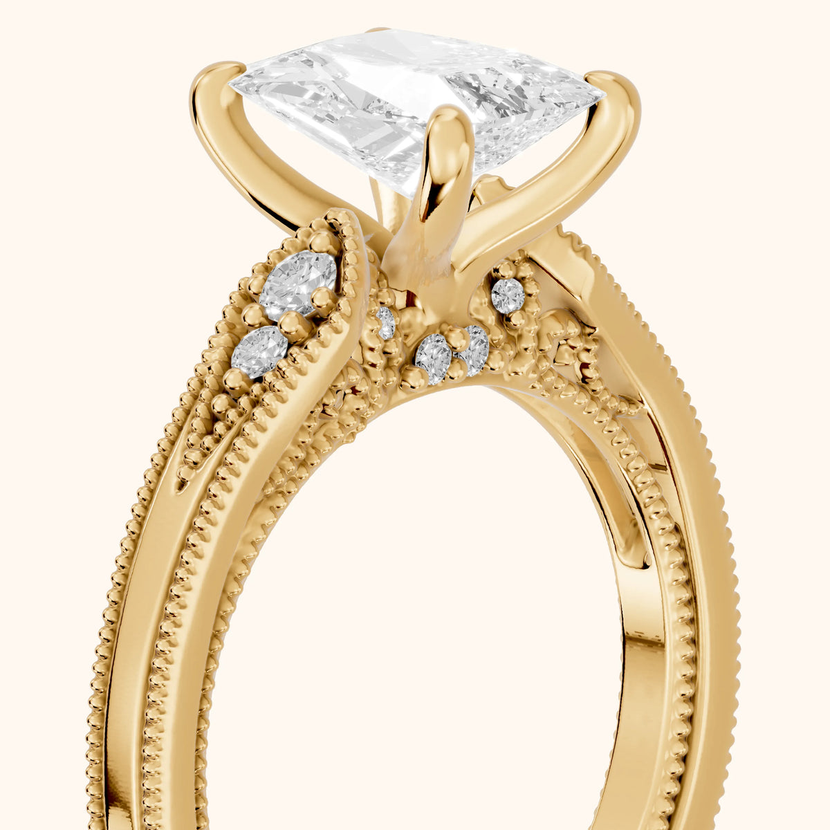 Etta Vintage Milgrain Radiant Diamond Engagement Ring in Yellow Gold - slant-view.webp