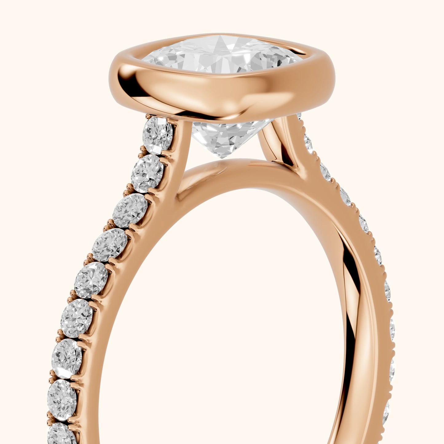 Cora Bezel Pavé Cushion Diamond Ring in Rose Gold - slant-view.webp