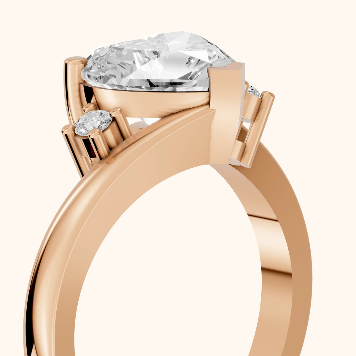 Gardenia Bypass Three-Stone Heart Diamond Engagement Ring in Rose Gold - slant-view.webp