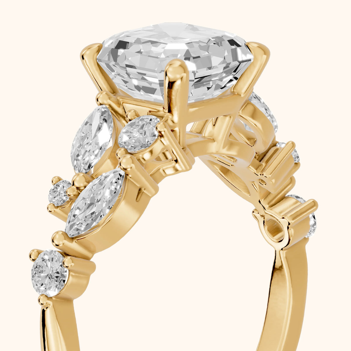 Kelsey Leaf Cluster Asscher Diamond Engagement Ring in Yellow Gold - slant-view.webp