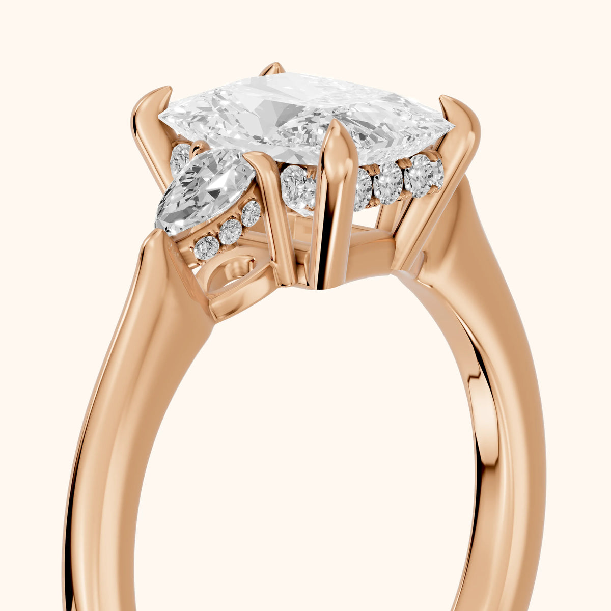Leila Three-Stone Radiant Diamond Engagement Ring in Rose Gold - slant-view.webp
