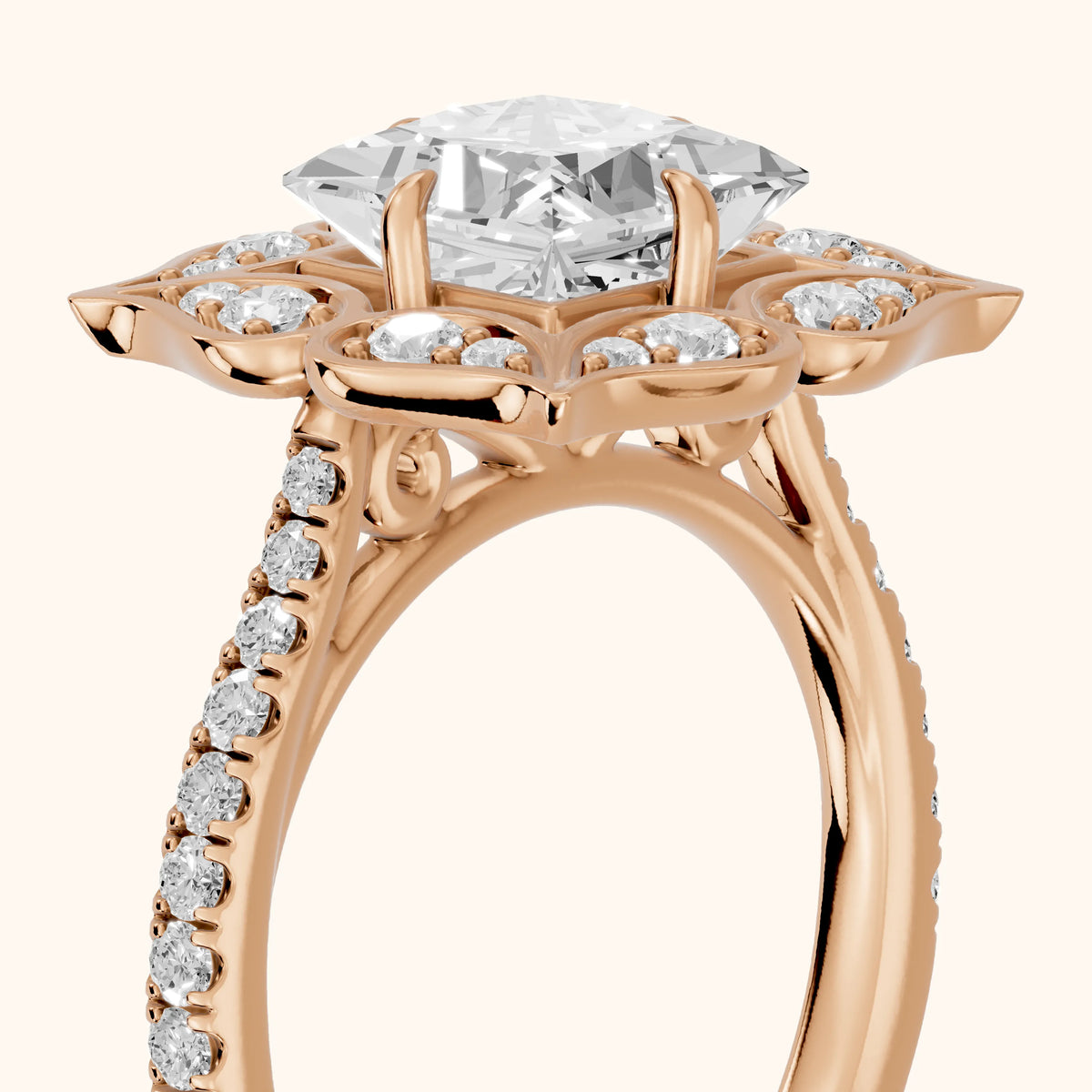 Caitlin Floral Halo Princess Diamond Engagement Ring in Rose Gold - slant-view.webp