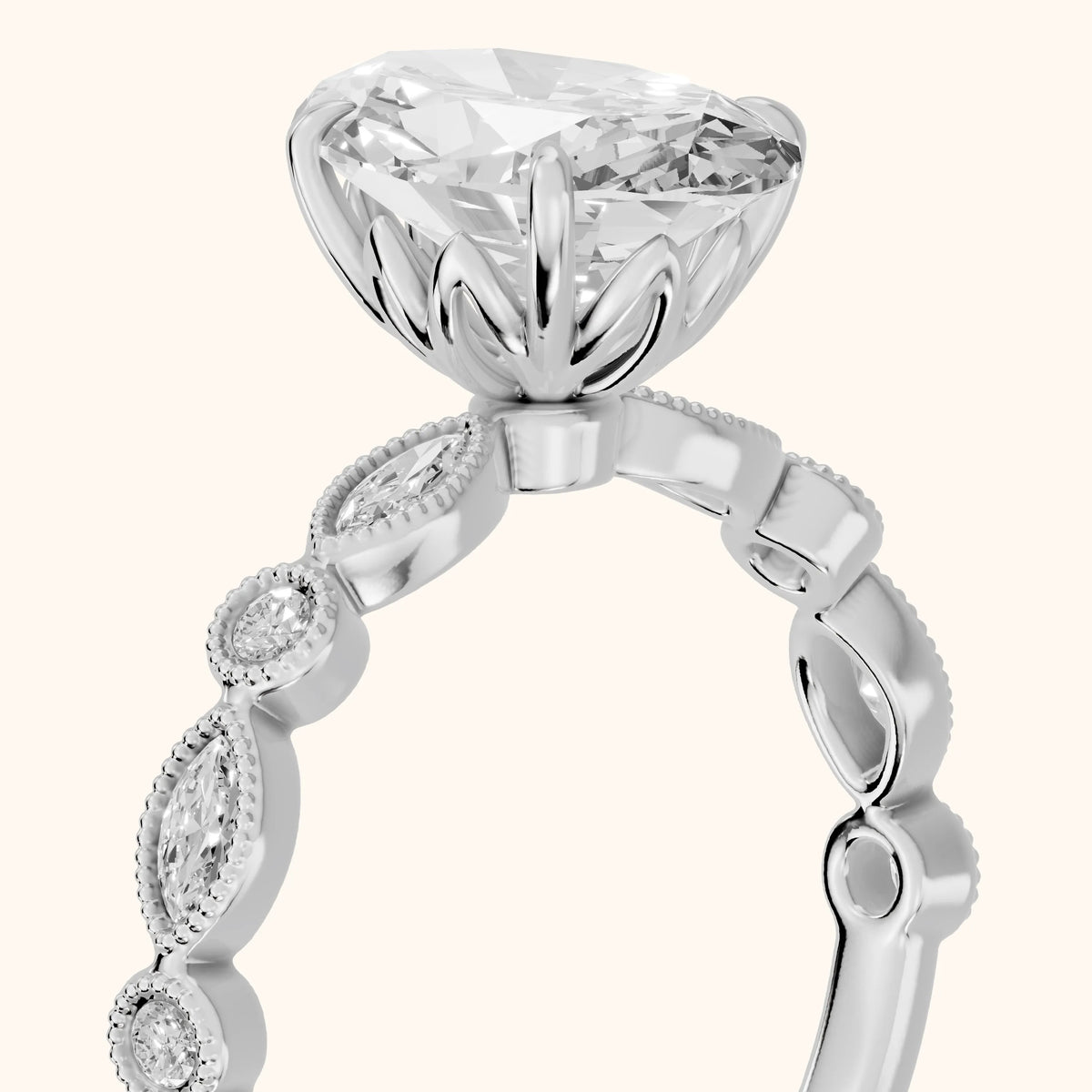 Lena Milgrain Leaf Oval Diamond Engagement Ring in Platinum - slant-view.webp