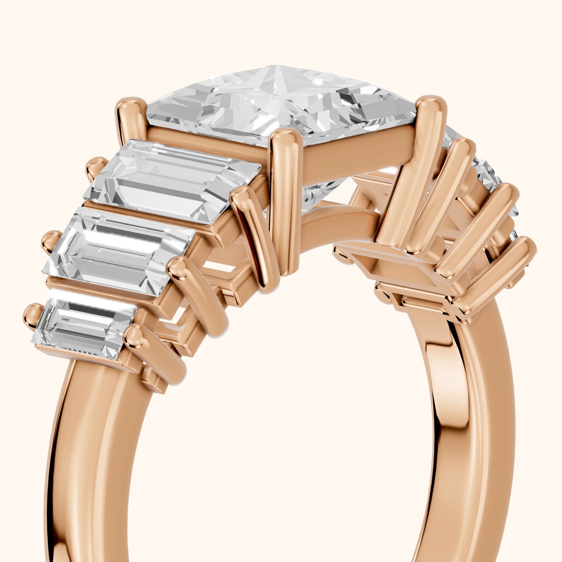 Mara Sidestone Baguette Accent Princess Diamond Engagement Ring in Rose Gold - slant-view.webp