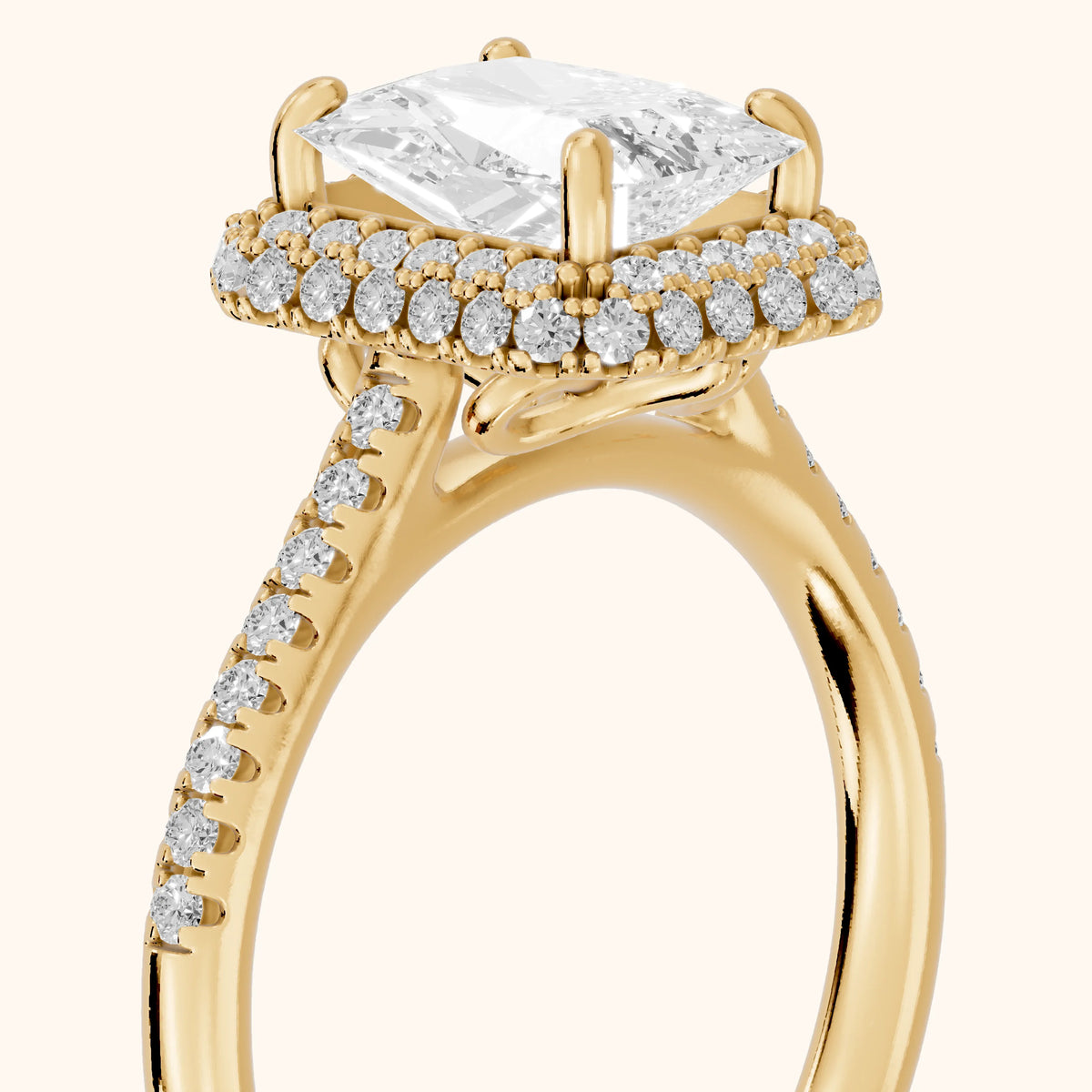 Connie Double Halo Pavé Radiant Diamond Engagement Ring in Yellow Gold - slant-view.webp