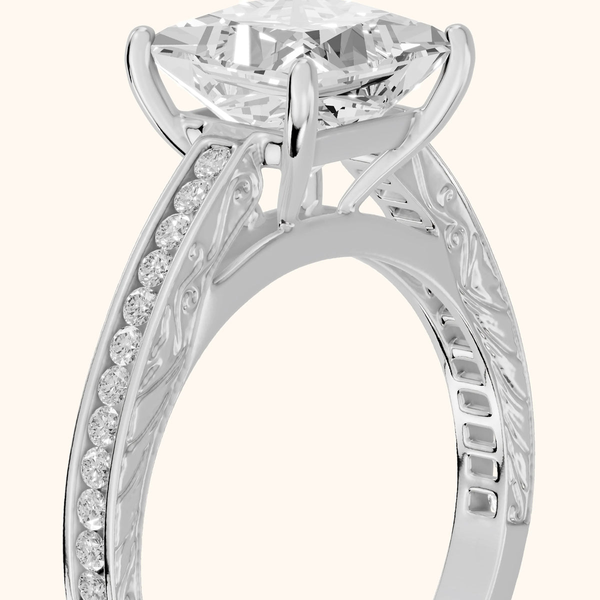Cassie Engraved Channel Set Princess Diamond Engagement Ring in Silver - slant-view.webp