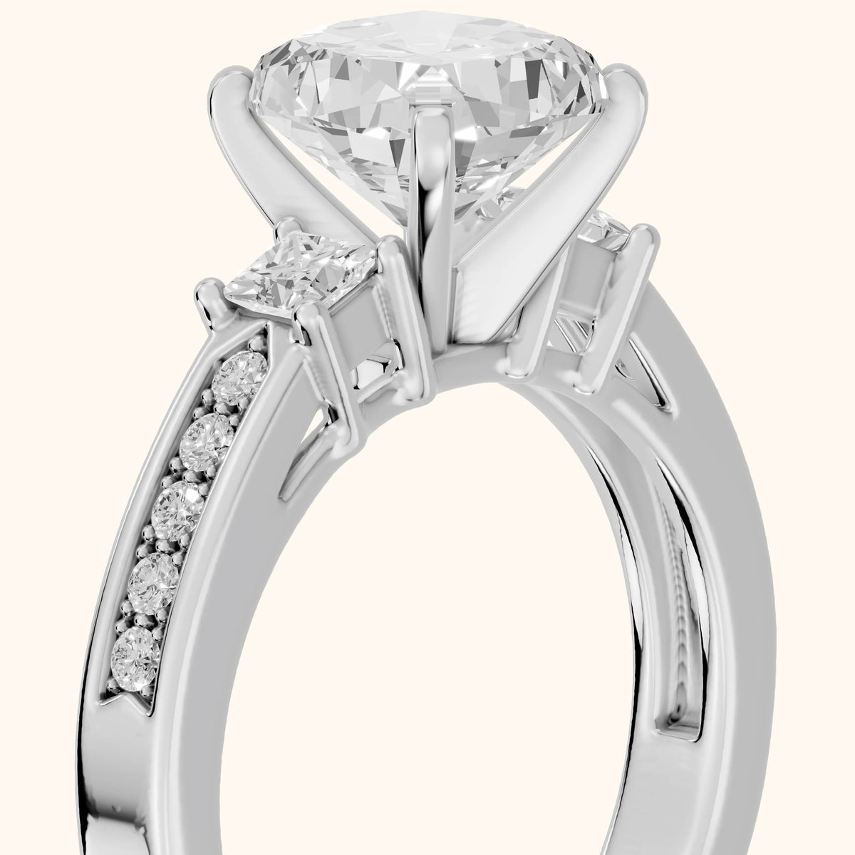 Ilona Three-Stone Channel Set Cushion Diamond Engagement Ring in Silver - slant-view.webp