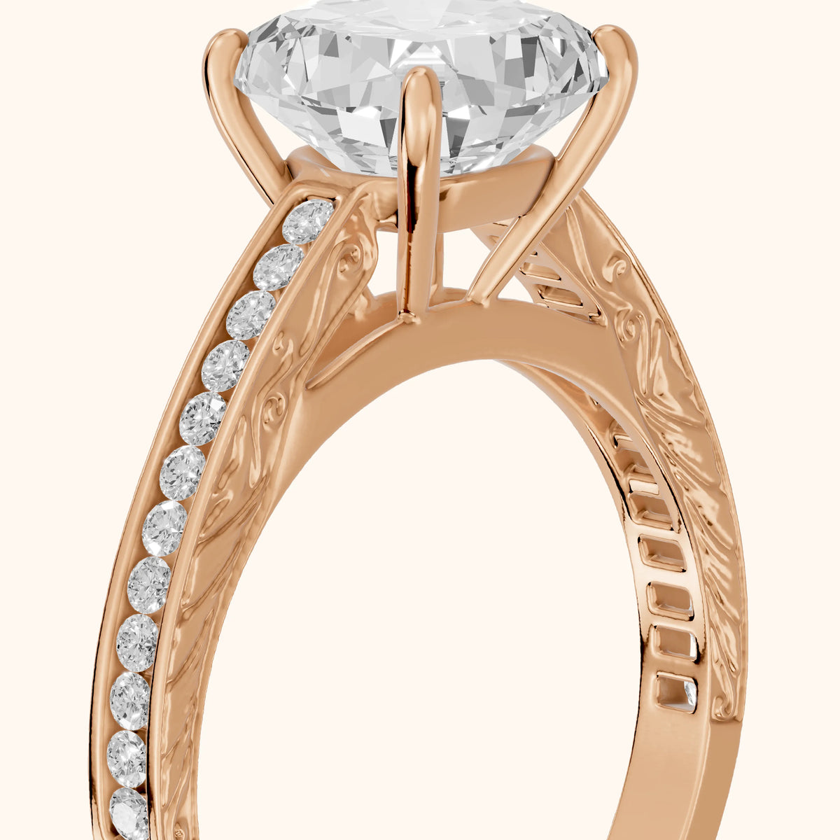 Cassie Engraved Channel Set Cushion Diamond Engagement Ring in Rose Gold - slant-view.webp
