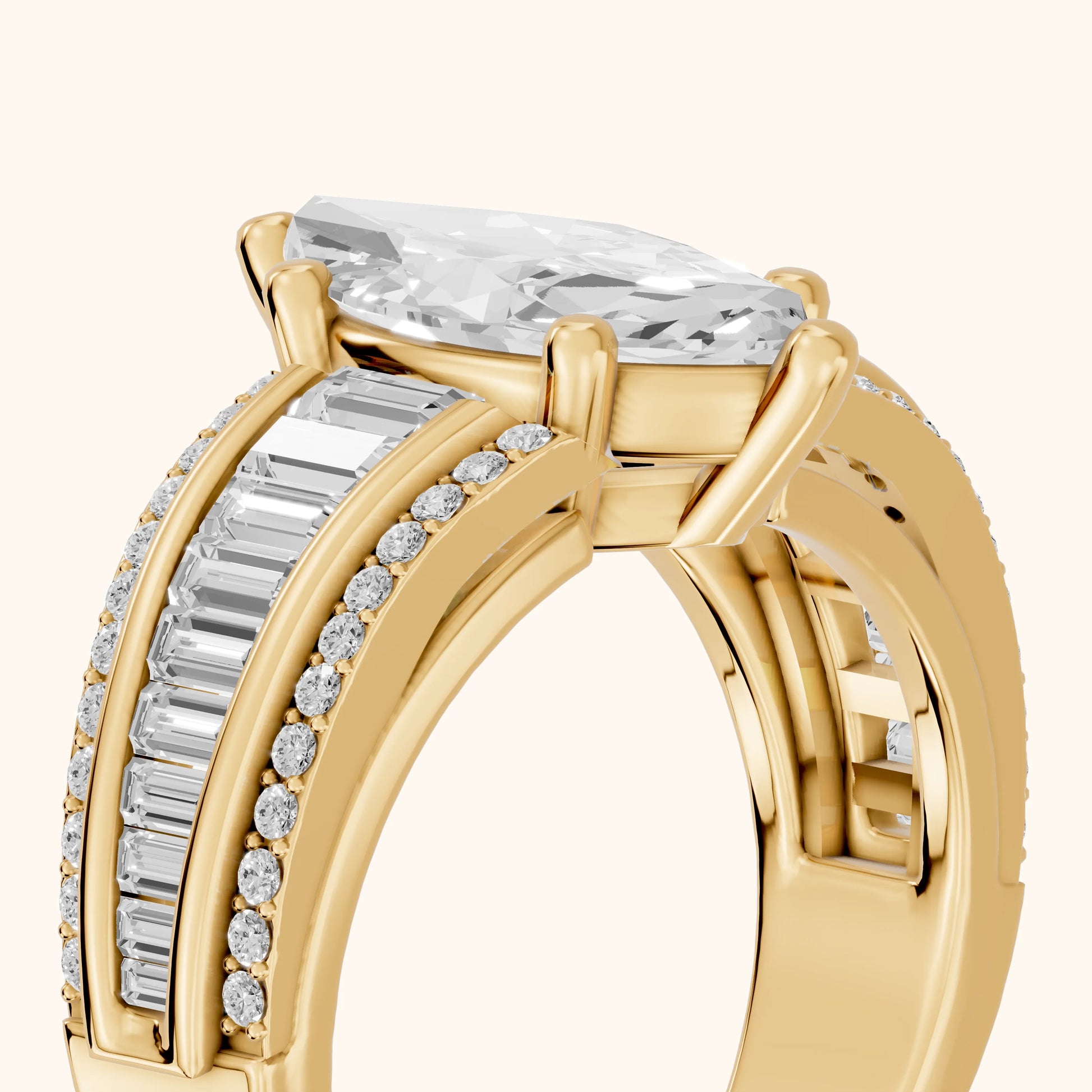 Halle Channel Set Baguette Accent Marquise Diamond Engagement Ring in Yellow Gold - slant-view.webp