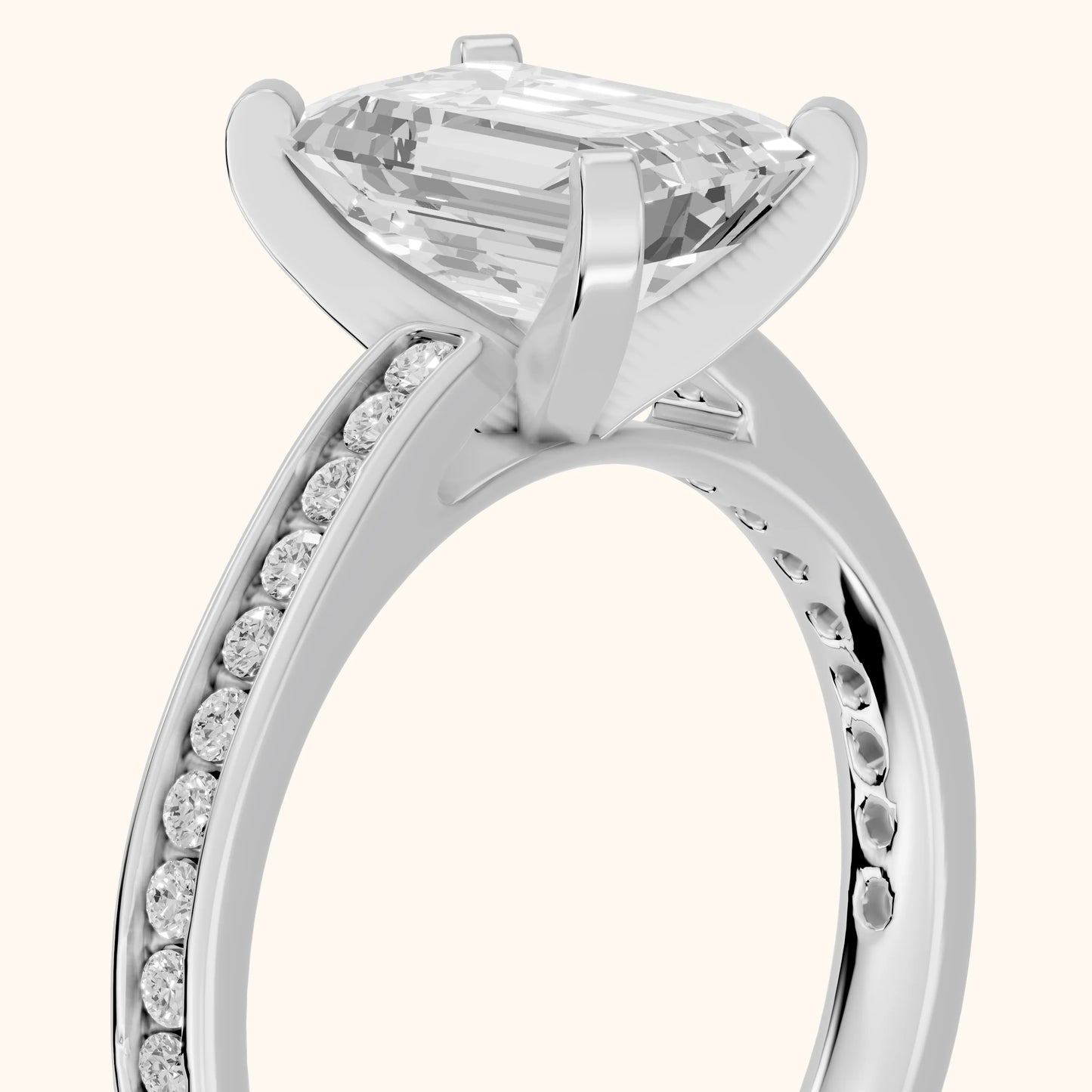 Tessa Solitaire Channel Set Emerald Diamond Engagement Ring in White Gold - slant-view.webp
