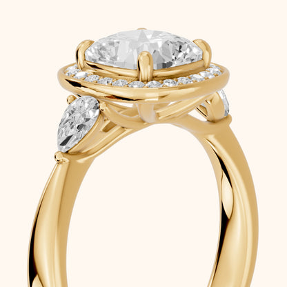 Eliza Halo Sidestone Cushion Diamond Engagement Ring in Yellow Gold - slant-view.webp