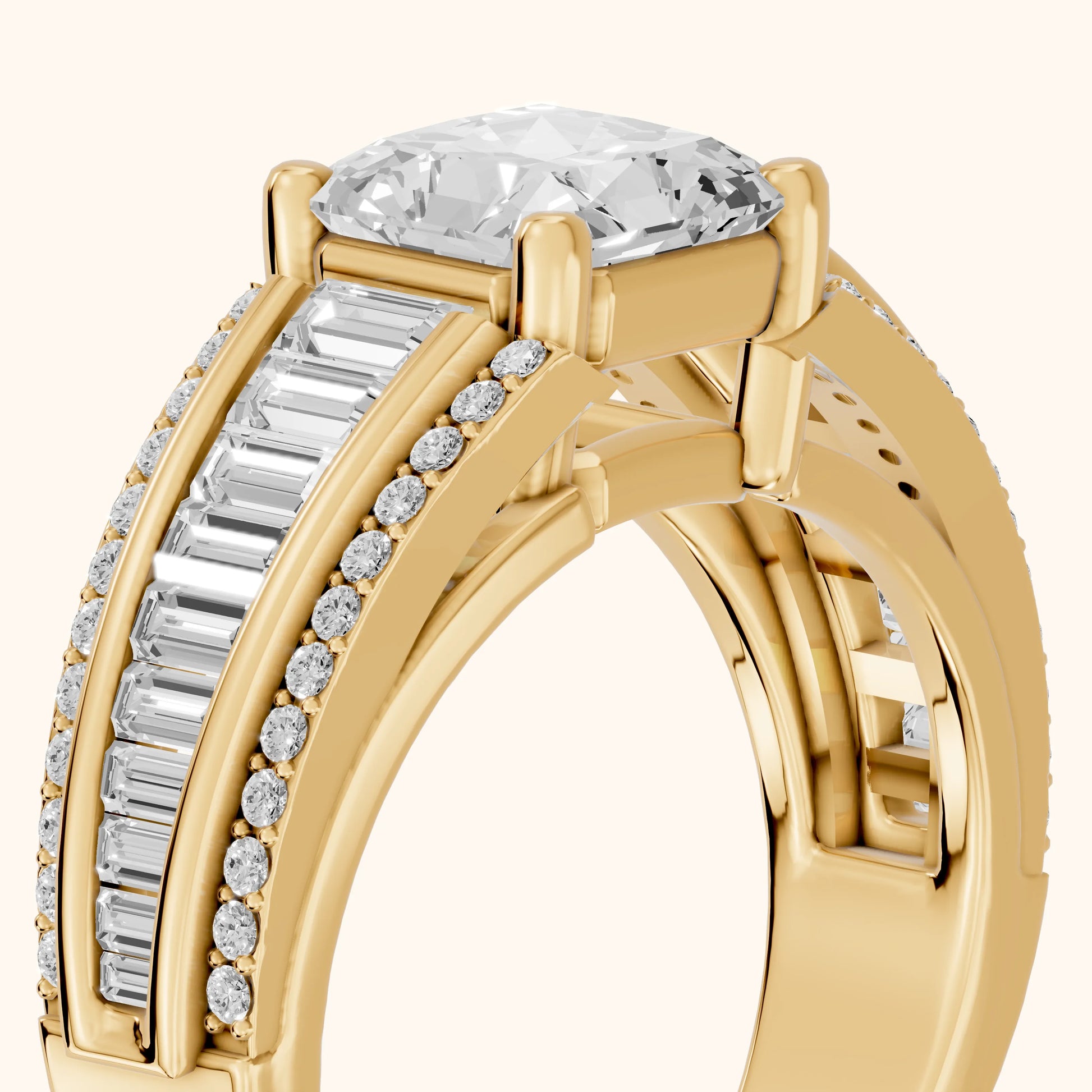 Halle Channel Set Baguette Accent Radiant Diamond Engagement Ring in Yellow Gold - slant-view.webp