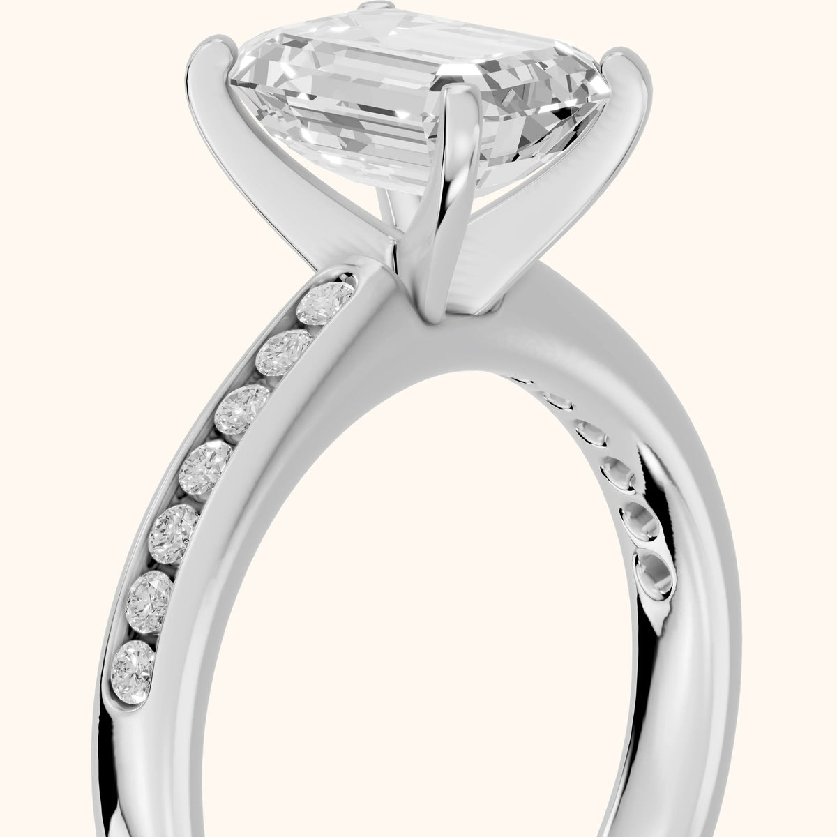 Corona Channel Set Emerald Diamond Engagement Ring in White Gold - slant-view.webp