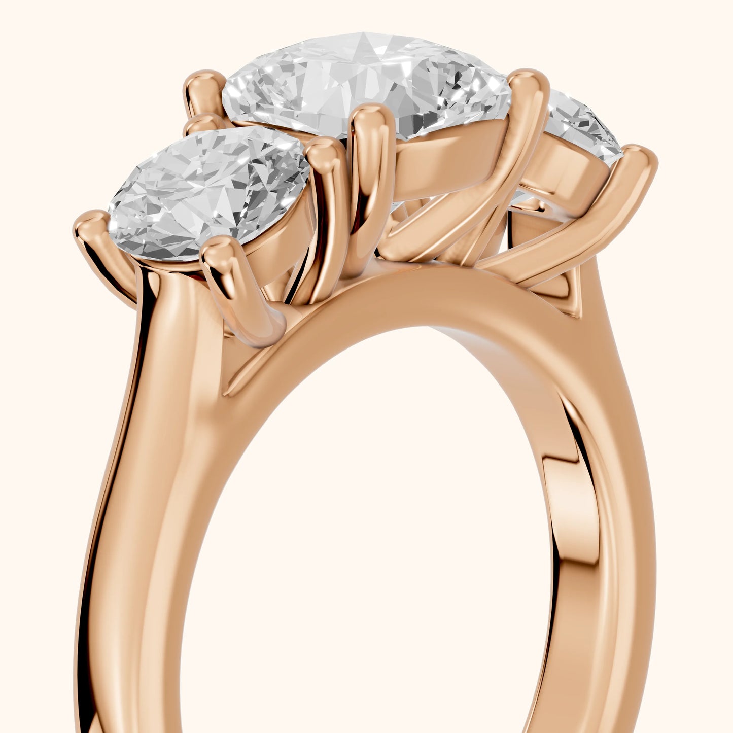 Callie Three-Stone Trellis Cushion Diamond Ring in Rose Gold - slant-view.webp