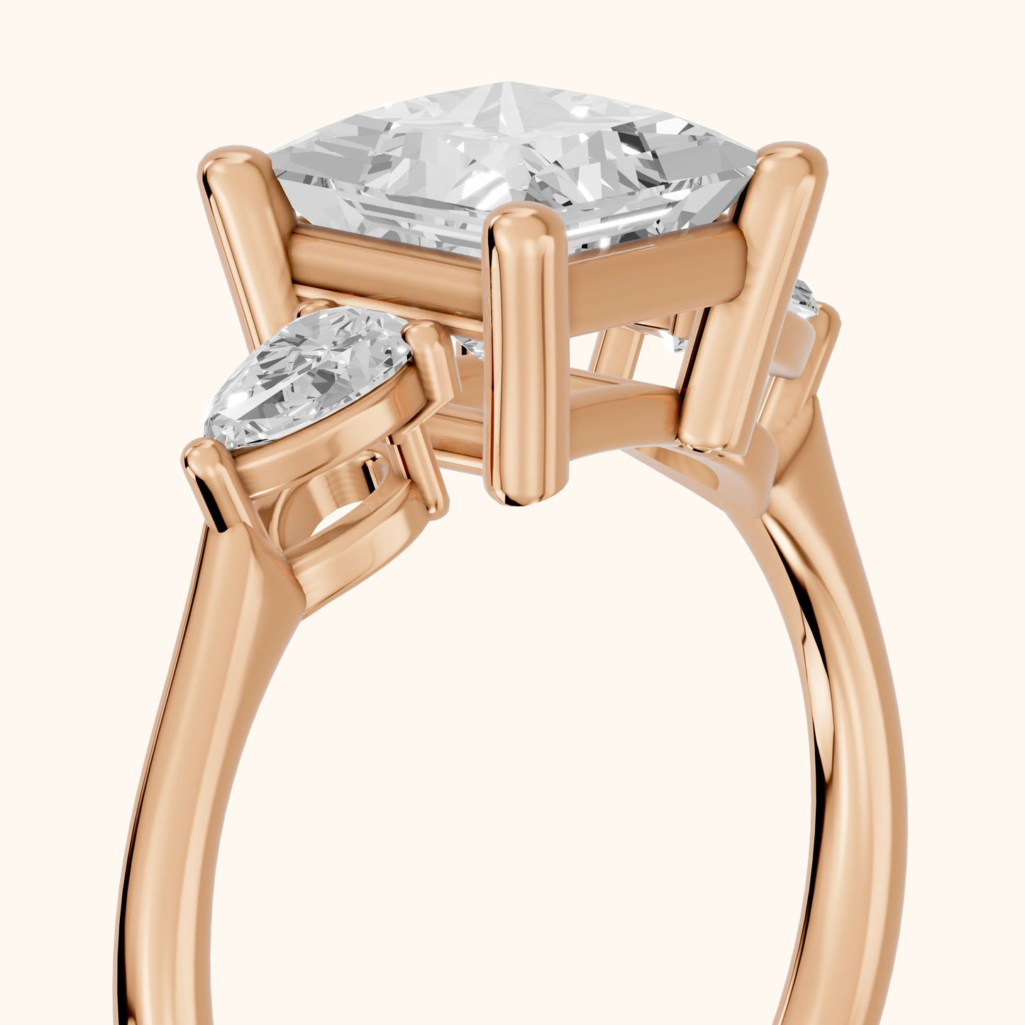 Faye Three-Stone Trellis Princess Diamond Ring in Rose Gold - slant-view.webp
