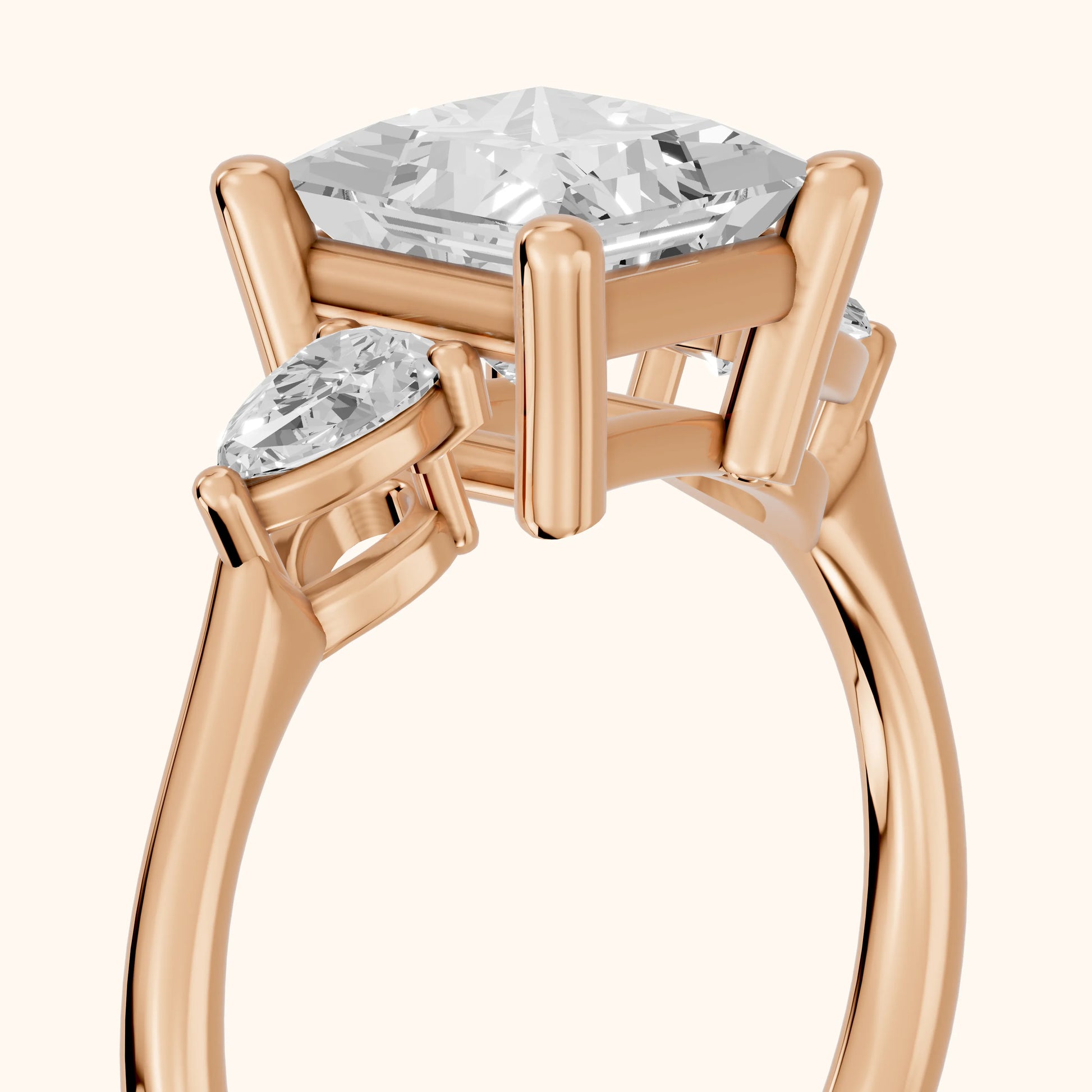 Faye Three-Stone Trellis Princess Diamond Ring in Rose Gold - slant-view.webp