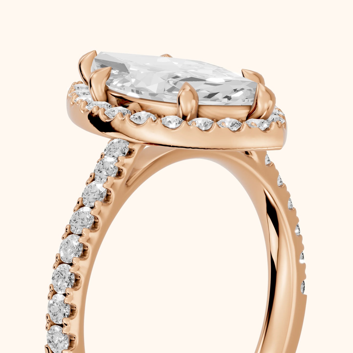 Amara Halo Claw Prong Marquise Diamond Ring in Rose Gold - slant-view.webp