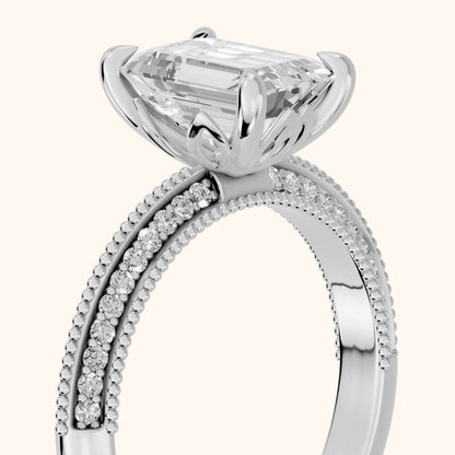 Indie Vintage Milgrain Emerald Diamond Engagement Ring in White Gold - slant-view.webp