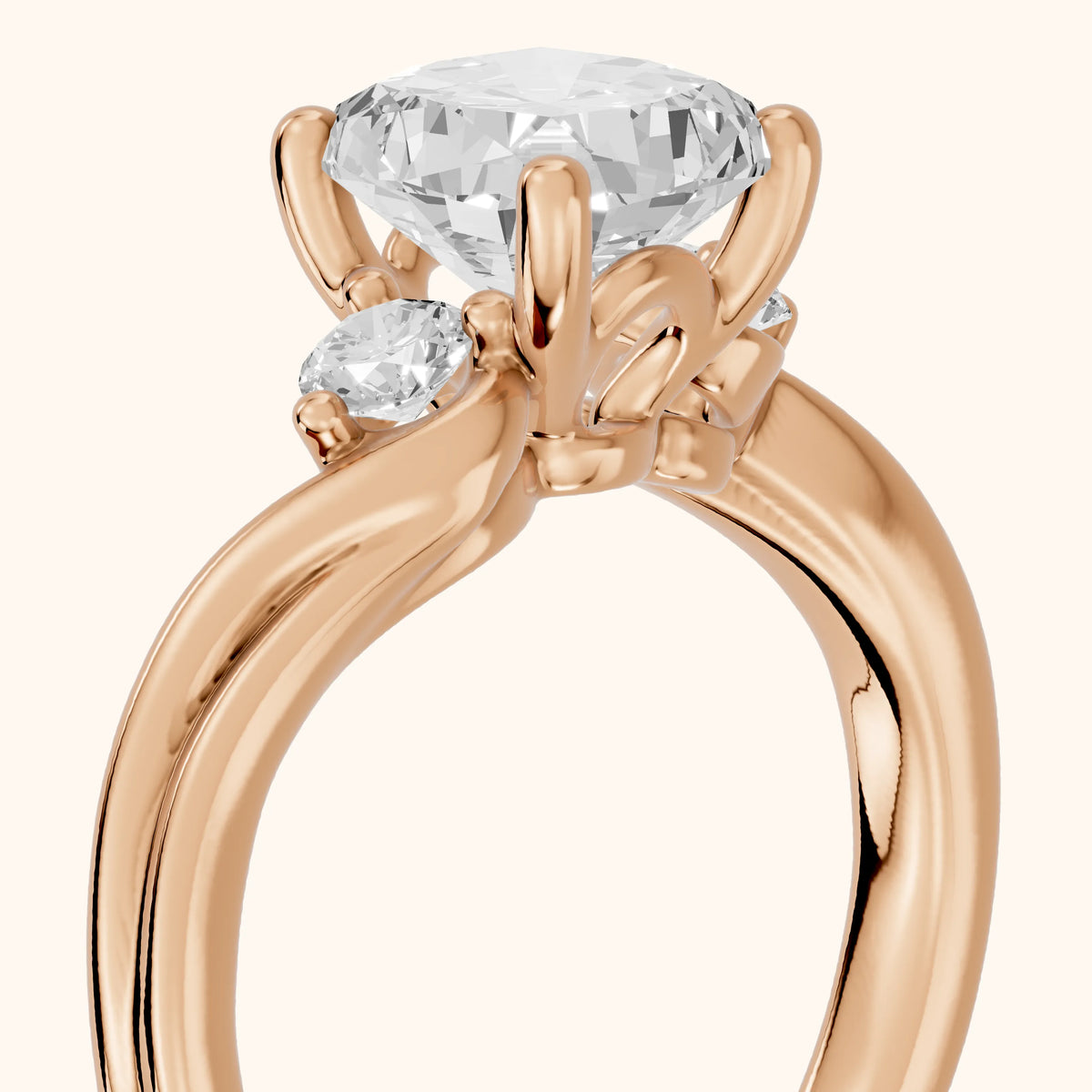 Rena Bypass Three-Stone Cushion Diamond Engagement Ring in Rose Gold - slant-view.webp