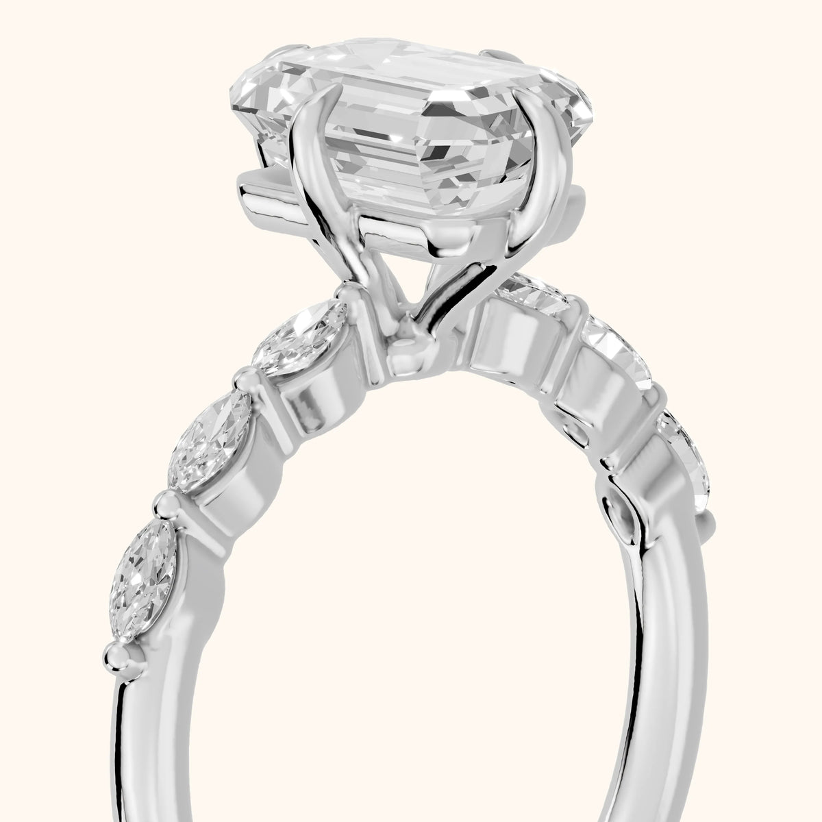 April Marquise-Side Emerald Diamond Engagement Ring in Platinum - slant-view.webp
