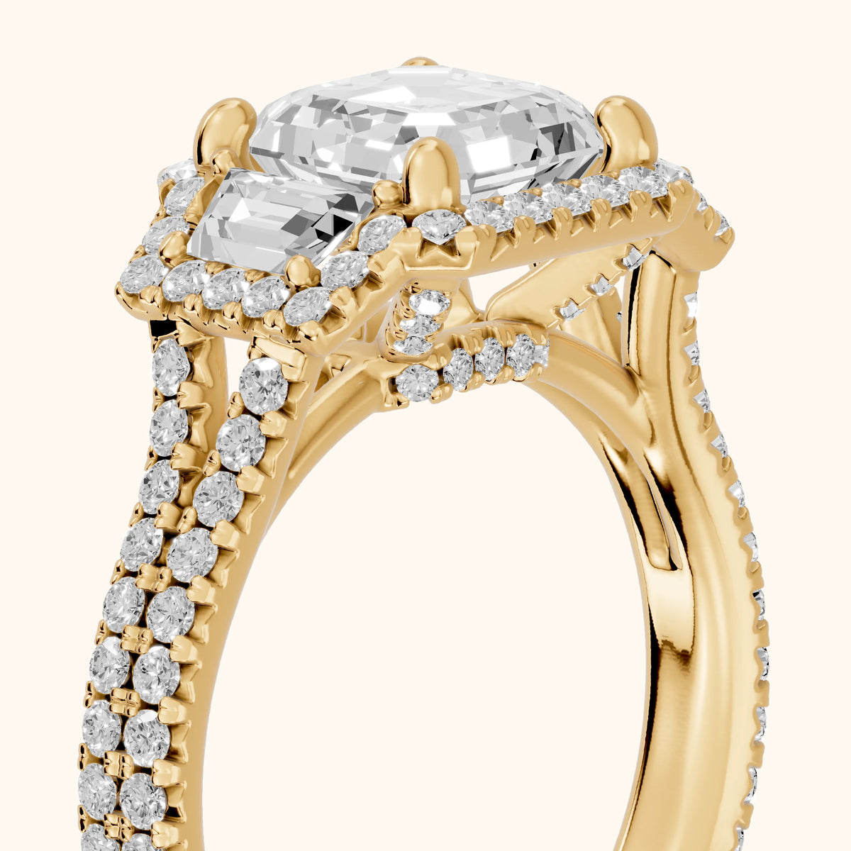 Ronan Three-Stone Halo Asscher Diamond Engagement Ring in Yellow Gold - slant-view.webp