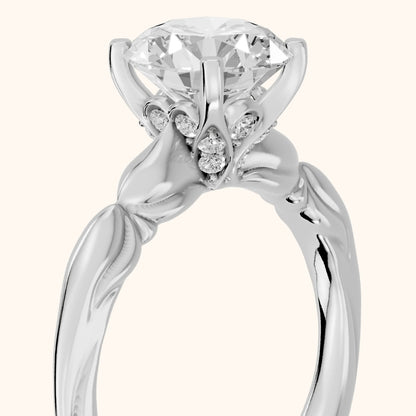 Verena Engraved Leaf Round Diamond Engagement Ring in Silver - slant-view.webp