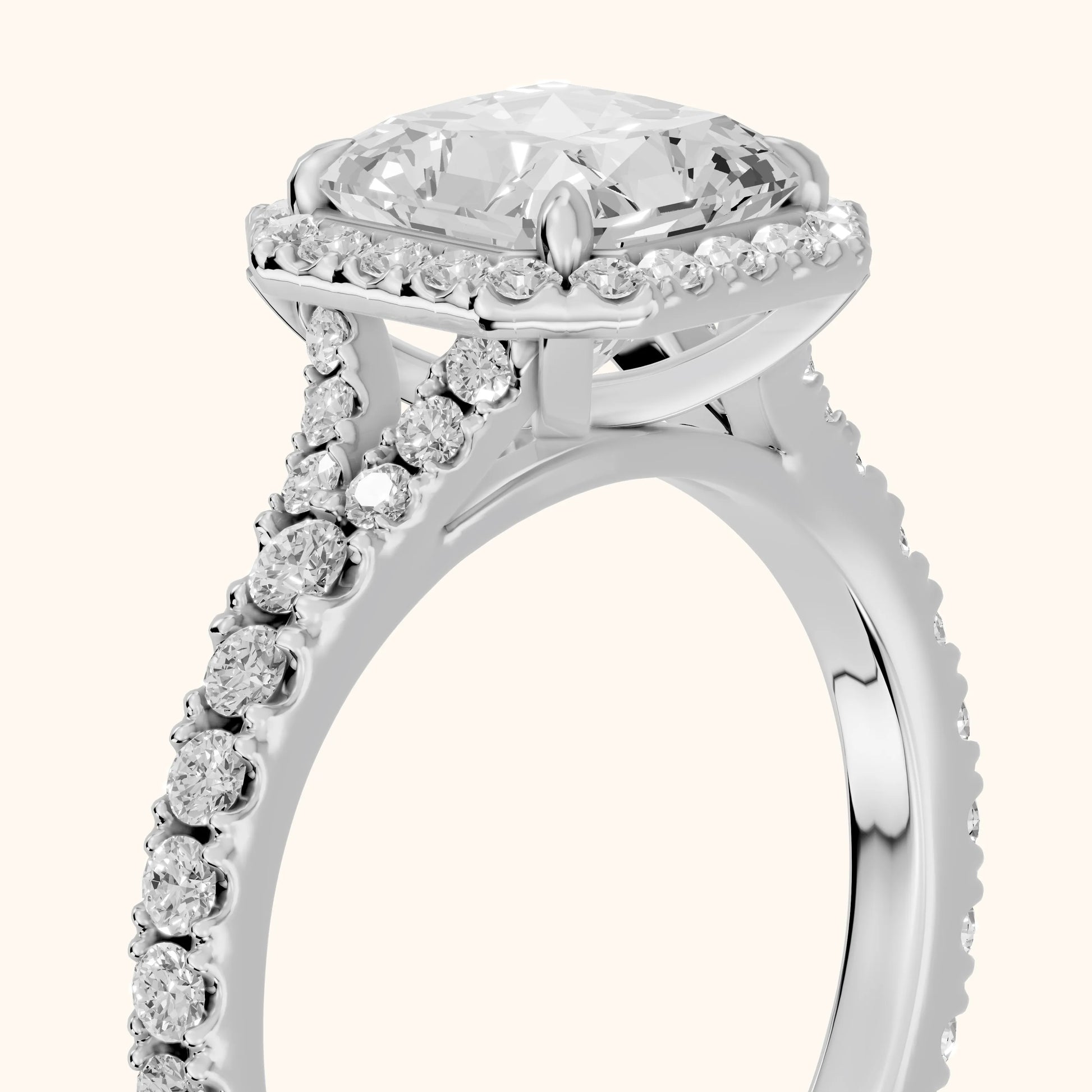 Bella Halo Pavé Radiant Diamond Engagement Ring in Platinum - slant-view.webp