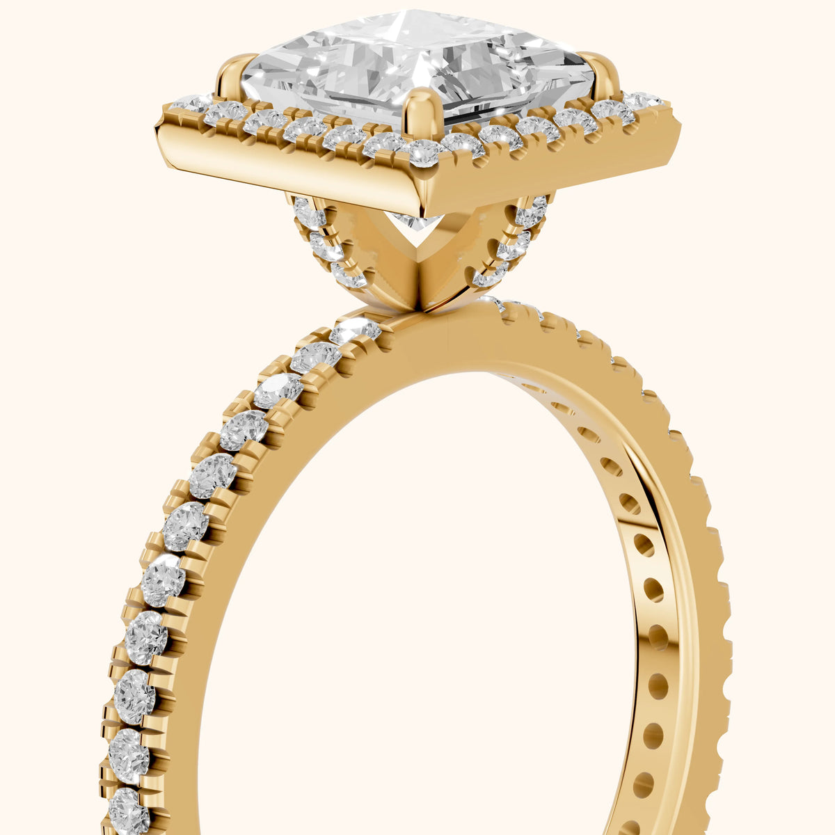 Rosemary Halo Pavé Princess Diamond Engagement Ring in Yellow Gold - slant-view.webp