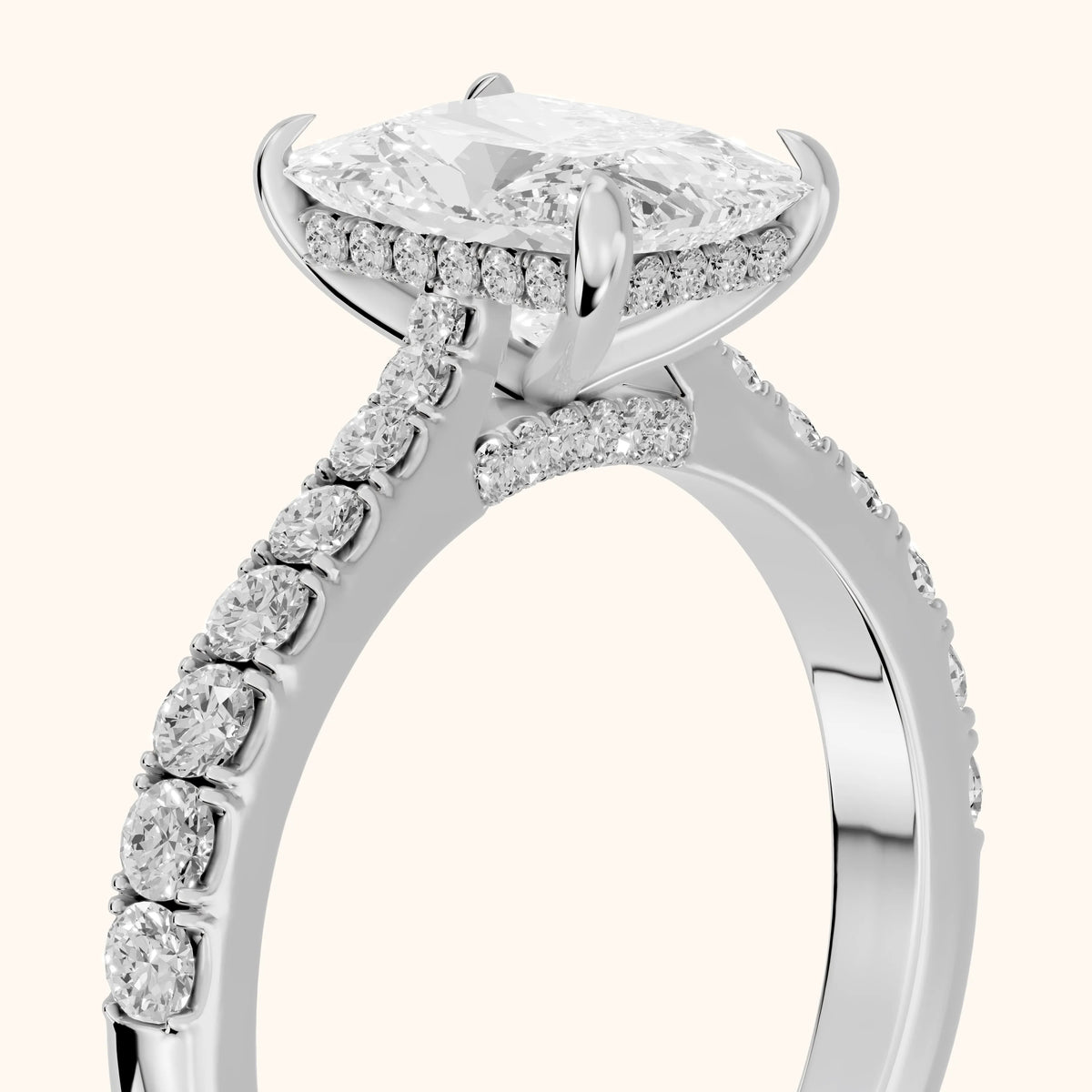 Gia Hidden Halo Pavé Radiant Diamond Engagement Ring in Platinum - slant-view.webp