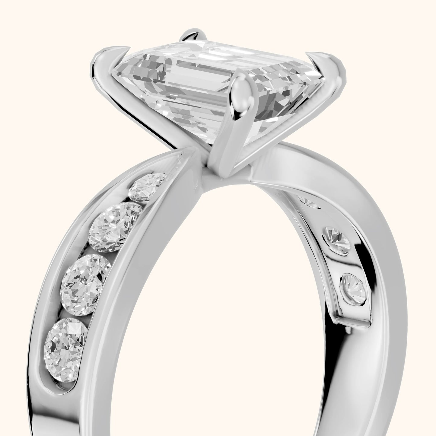 Noor Channel Set Sidestone Emerald Diamond Engagement Ring in Silver - slant-view.webp