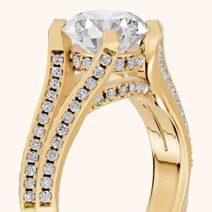 Perla Hidden Halo Split Shank Round Diamond Engagement Ring in Yellow Gold - slant-view.webp