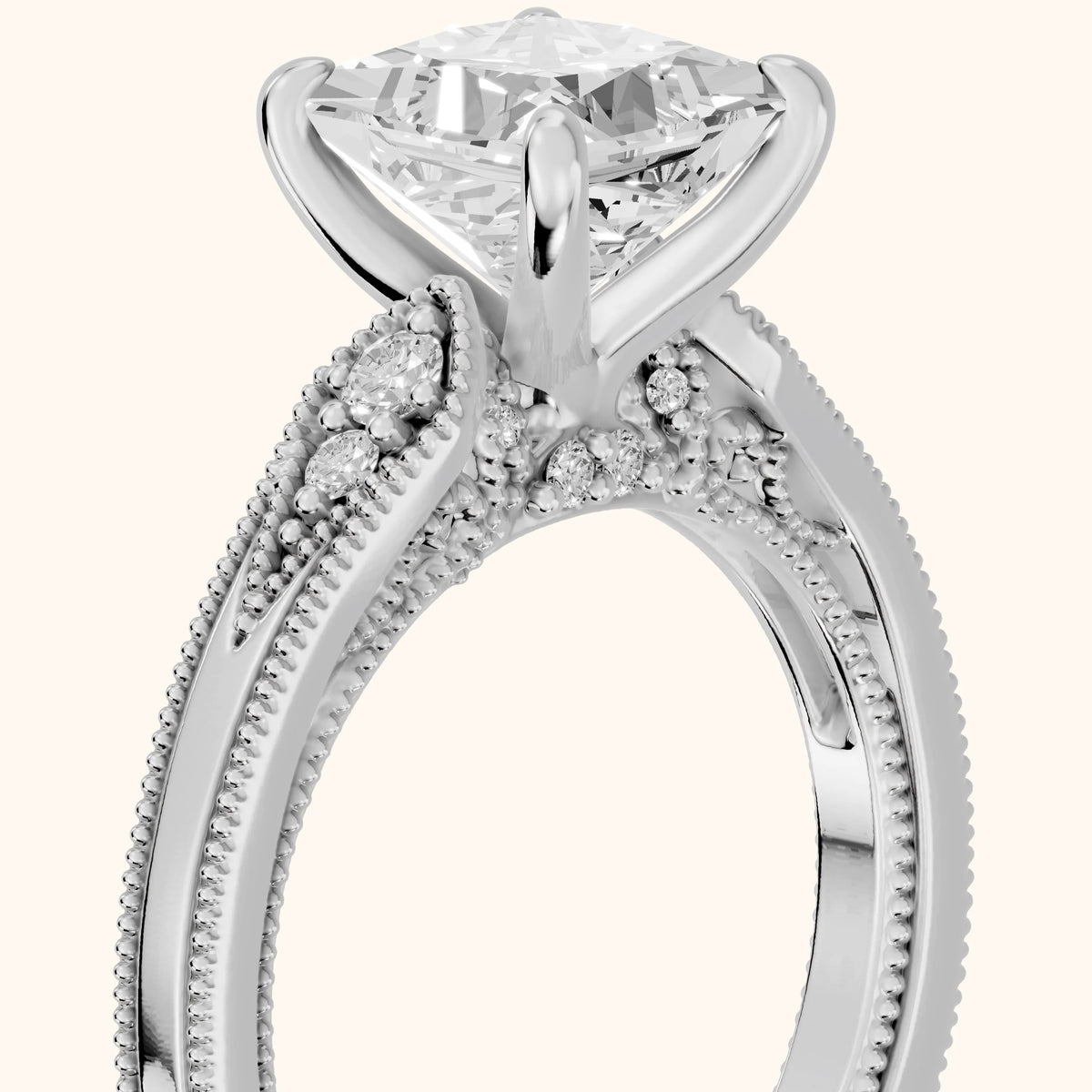 Etta Vintage Milgrain Princess Diamond Engagement Ring in Silver - slant-view.webp