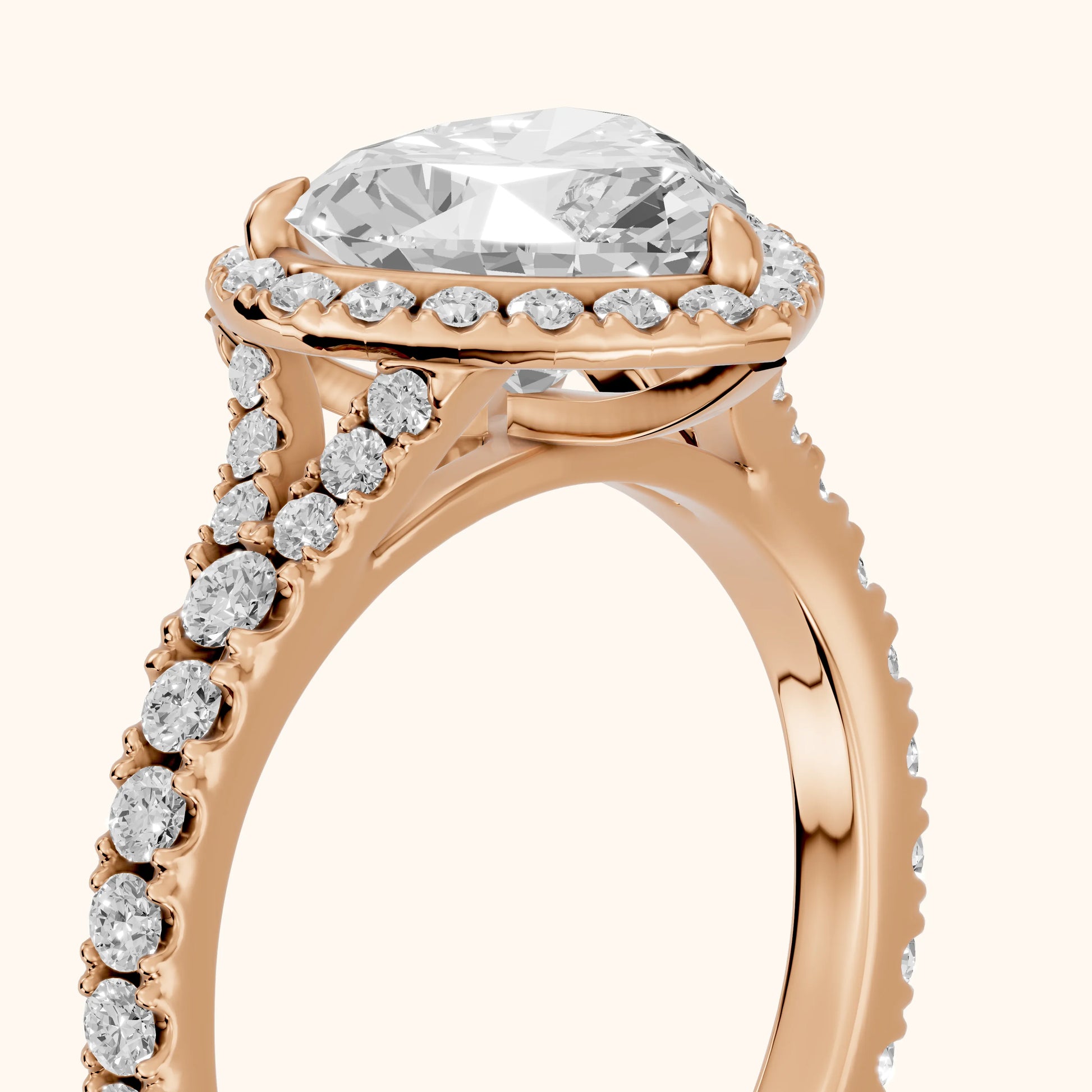Bella Halo Pavé Heart Diamond Engagement Ring in Rose Gold - slant-view.webp